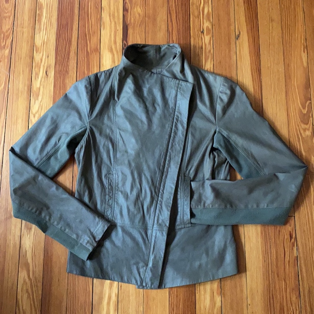 Vince Olive Asymmetrical leather Scuba Jacket